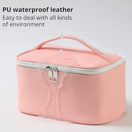 Gowloz PU Leather Cosmetic Travel Bag for Women, Pink Makeup Organizer with Zipper & Handle | Waterproof Toiletry Storage Case for Travel & Daily Use - Image 4