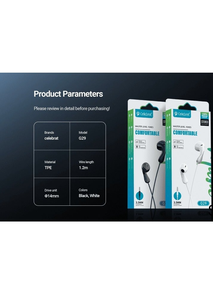 Celebrat G29 Wired Earphones, Stereo Sound, Built-in Mic, 3.5mm Jack - Black - Image 4