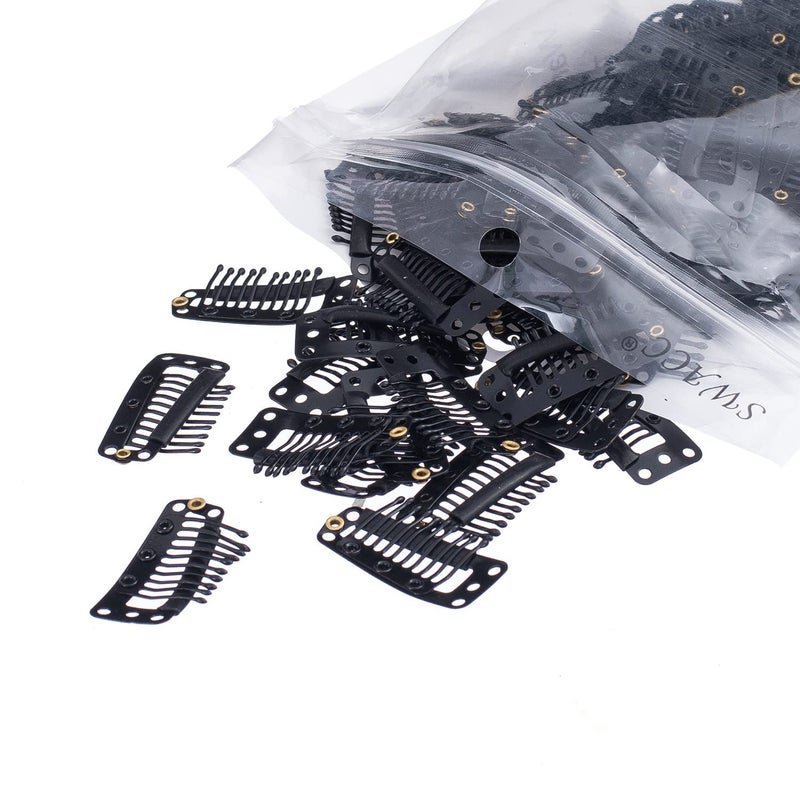 SWACC 100 Pcs U Shape Metailic Snap Clips ins for Hair Extension Hairpiece DIY SnapComb Wig Clips with Rubber Black 10Teeth 9 holes