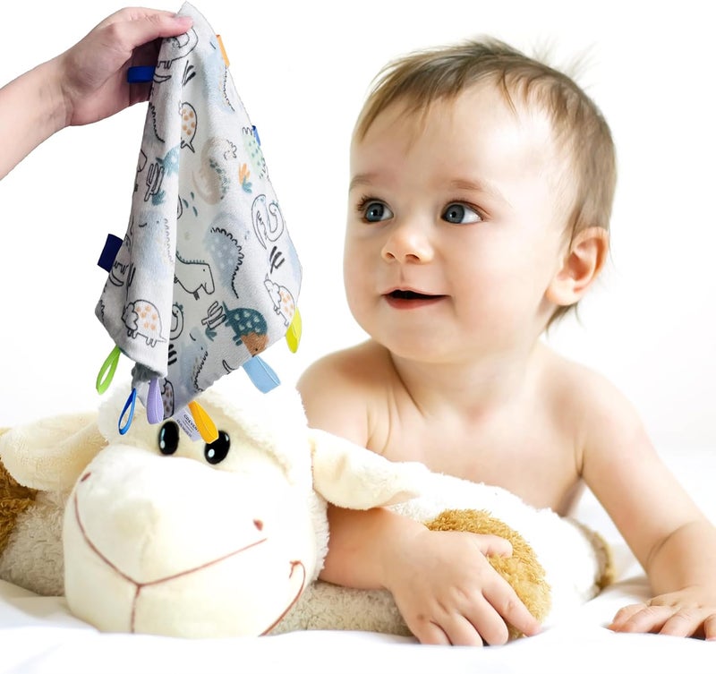 CREVENT Tag Security Blankets for Babies, Soft Small Loveys for Girls, Baby Comforter Sensory Blanket, Great Gifts for Birthday Baby Shower 10"X10" (Dinosaur+Blue+Ivory) - Image 5