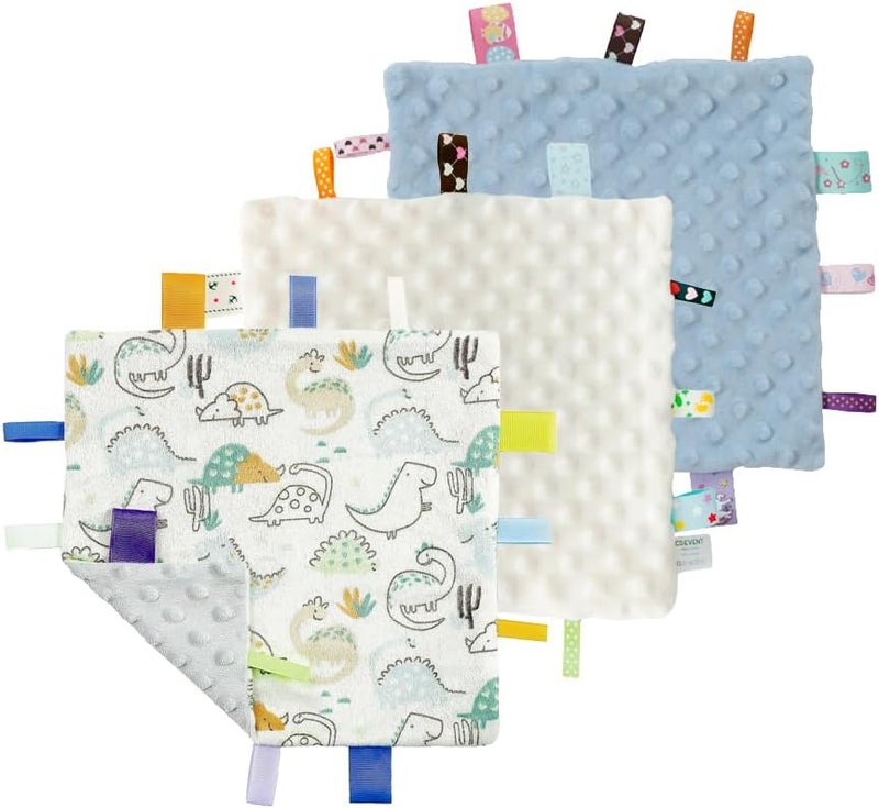 CREVENT Tag Security Blankets for Babies, Soft Small Loveys for Girls, Baby Comforter Sensory Blanket, Great Gifts for Birthday Baby Shower 10"X10" (Dinosaur+Blue+Ivory) - Image 1