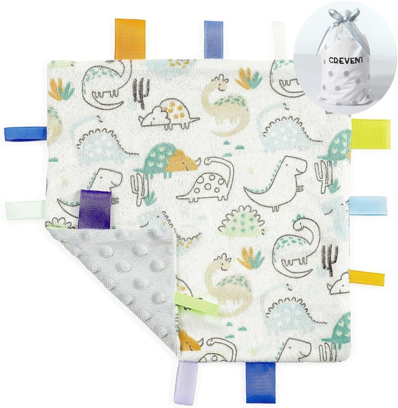 CREVENT Tag Security Blankets for Babies, Soft Small Loveys for Girls, Baby Comforter Sensory Blanket, Great Gifts for Birthday Baby Shower 10"X10" (Dinosaur+Blue+Ivory) - Image 4