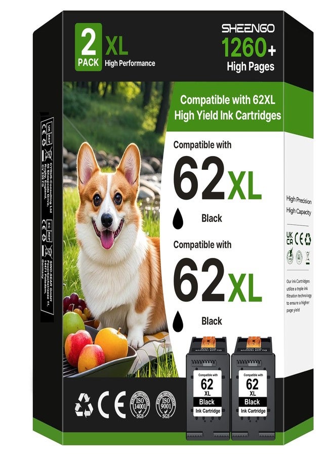SHEENGO 62XL Ink Cartridges (2 Black) Replacement for HP 62 Black Ink Cartridge 62XL High Yield Works with HP Envy 5540 5544 5545 5642 5660 5664 7640 7645 OfficeJet 200 250 258 5740 5745 5746 Series | C2P05AN - Image 1