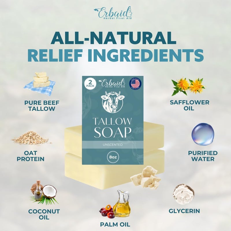 Erbaid Beef Tallow Soap Bar All Natural Grass Fed Tallow Soap Unscented Moisturizing Face Body Wash Great for Eczema Dry Itchy Sensitive Skin Handcrafted Bath Soap for Adults Kids Made in USA - Image 5