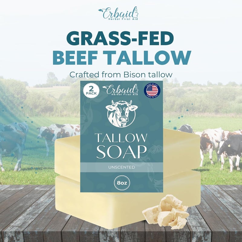 Erbaid Beef Tallow Soap Bar All Natural Grass Fed Tallow Soap Unscented Moisturizing Face Body Wash Great for Eczema Dry Itchy Sensitive Skin Handcrafted Bath Soap for Adults Kids Made in USA - Image 2