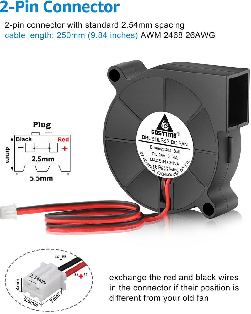 GDSTIME 50mm x 15mm Blower Fan 24V High Speed, 5015 Part Cooling 24 Volt Fans Dual Ball Bearing Brushless DC Turbo 2-Pin 8500 RPM for 3D Printer, 2-Pack - Image 5