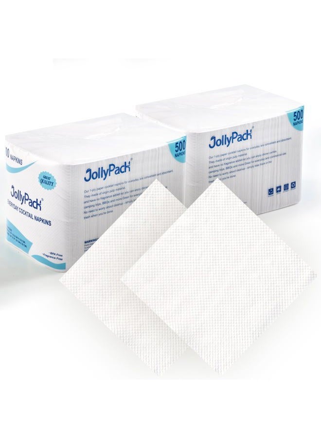 JollyPack 1000 Count White Beverage Napkins - 1-Ply 4.9 x 4.9 Folded Bulk Cocktail Napkins Paper, Dinner Paper for Restaurants, Bar and Party - 9.8 x 9.8 Unfolded - Image 1