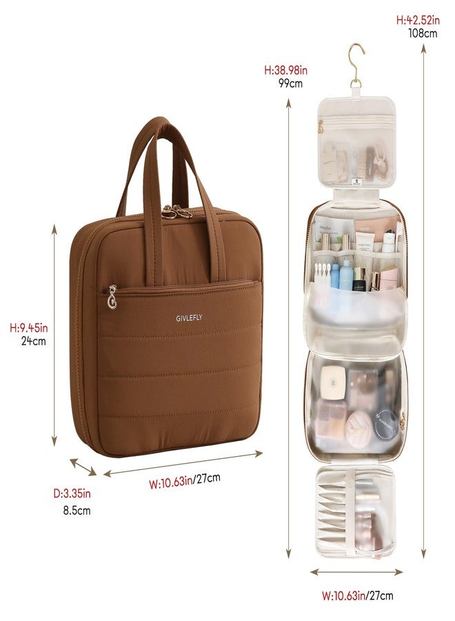 GIVLEFLY Luxury Hanging Makeup Bag for Women, Large 4-Layer Foldable Waterproof Cosmetic & Skincare Organizer with Handle, Fits Suitcase & Train Seat for Travel（brown） - Image 4