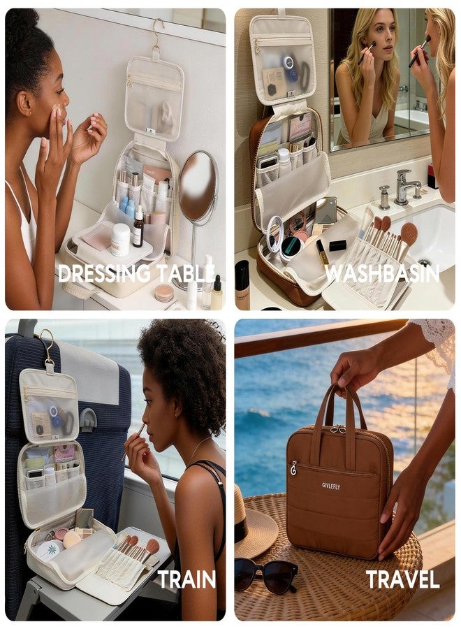 GIVLEFLY Luxury Hanging Makeup Bag for Women, Large 4-Layer Foldable Waterproof Cosmetic & Skincare Organizer with Handle, Fits Suitcase & Train Seat for Travel（brown） - Image 3