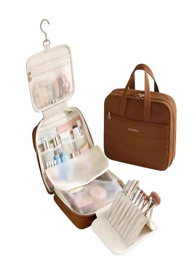 GIVLEFLY Luxury Hanging Makeup Bag for Women, Large 4-Layer Foldable Waterproof Cosmetic & Skincare Organizer with Handle, Fits Suitcase & Train Seat for Travel（brown） - Image 1