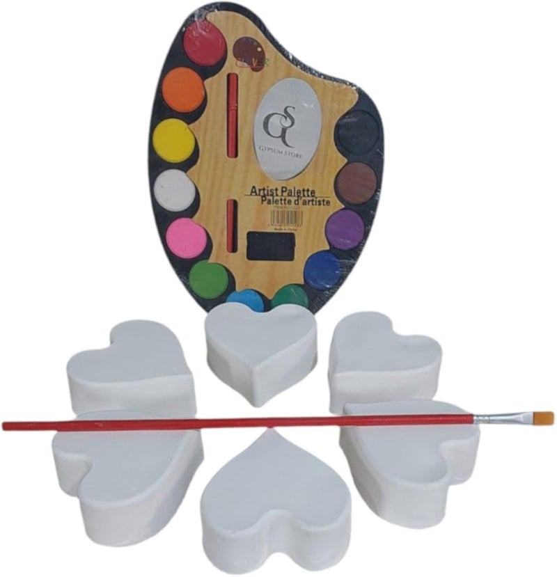 Gypsum Shapes for coloring (6 Hearts) + watercolor box -12 colors + free painting brush that allows them to mix colors and make the shapes beautiful pieces of art.