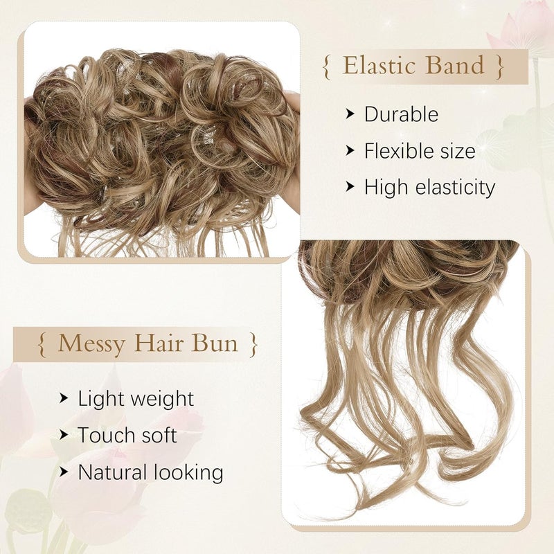 SOFEIYAN Messy Bun Hair Piece Curly Wavy Hair Bun Extensions Synthetic Tousled Updo with Tendrils Hairpieces Bun Donut Accessories Scrunchies for Women, Light Ash Brown Mix Bleach Blonde - Image 3