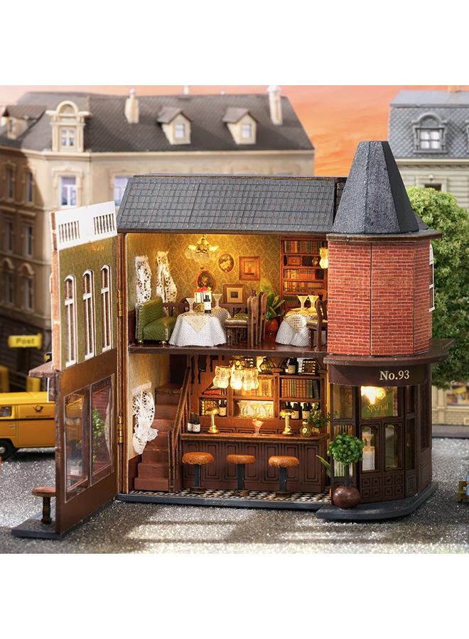 الأزرق جي دبليو بيت الحكمة ديي كوخ المنزل الصغير الجديد نموذج خشبي يدوي كوخ على الطراز الأوروبي لعبة بناء صغيرة - Image 3