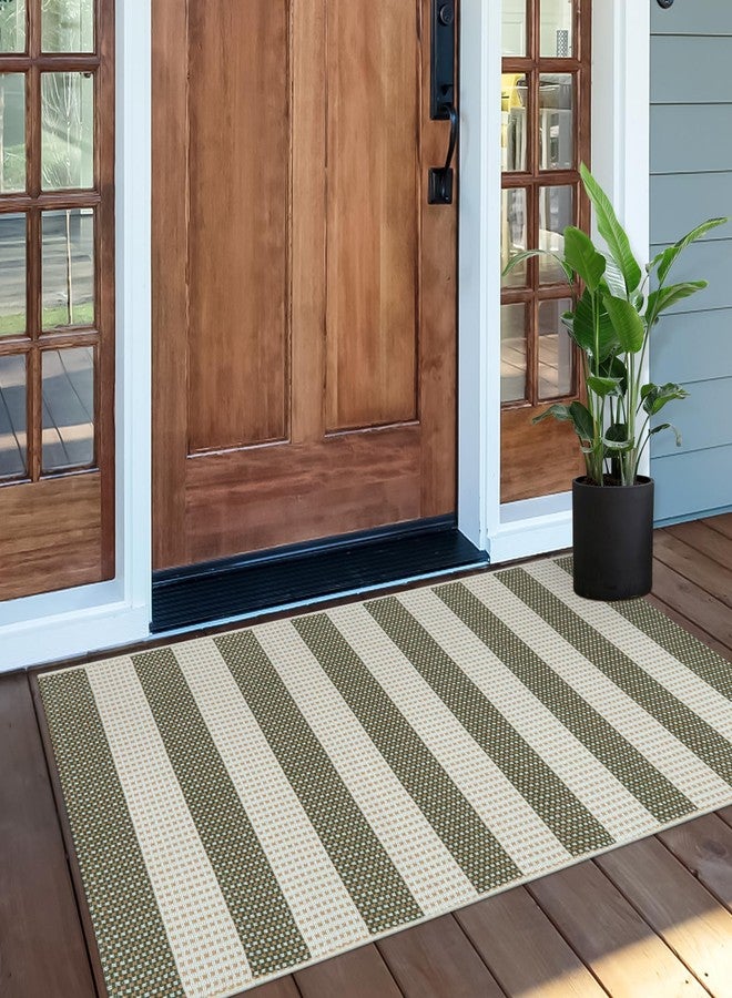OJIA Green and White Striped Rug 24"x51" Washable Fall Front Door Mat Halloween Doormat Woven Entry Rug Cotton Indoor Outdoor Rug Small Checkered Rugs for Front Porch Kitchen Entryway Patio Bathroom - Image 1