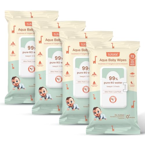 Tütots Ultra Thick Aqua Baby Wipes - 99% RO Water Infused with Lemon Blossom & Tangelo - Ideal Wipes for New Born Baby - Wet Wipes for Cleaning - Soft & Gentle Baby Wet Wipes (Pack of 4) - Image 1