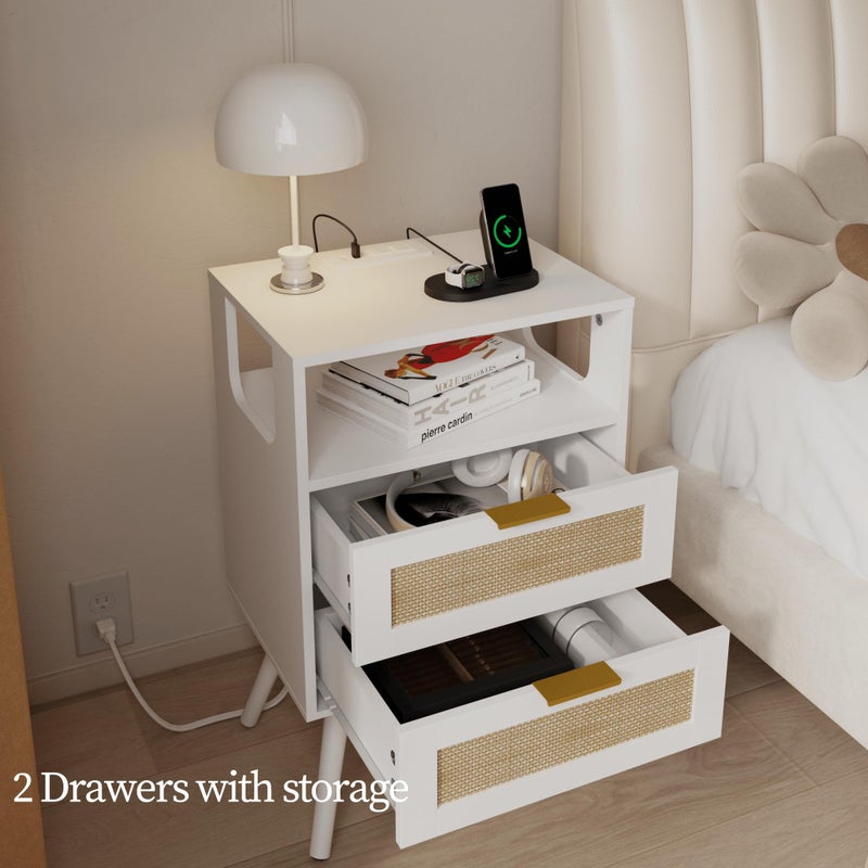 JOONEE Rattan Nightstand with Charging Station,Farmhouse Bedside Table with 2 Storage Drawer and Open Wood Shelf, for Bedroom and Small Spaces,Night Stand with Solid Wood Legs (White-Outlet) - Image 5