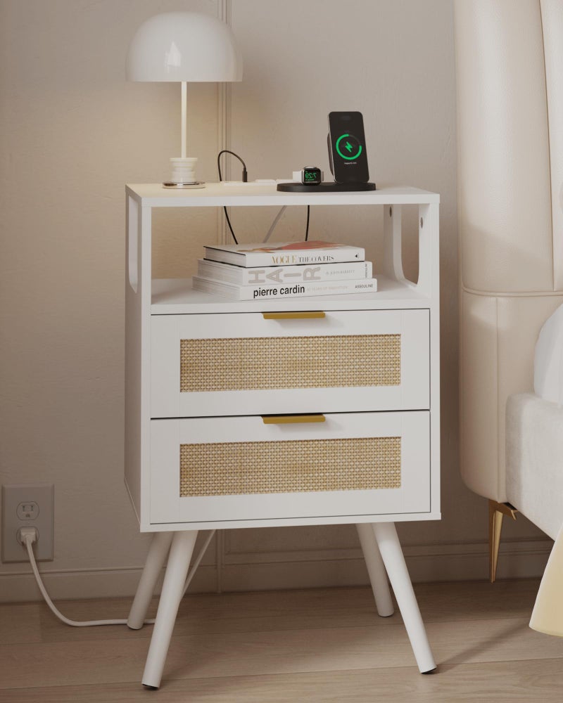 JOONEE Rattan Nightstand with Charging Station,Farmhouse Bedside Table with 2 Storage Drawer and Open Wood Shelf, for Bedroom and Small Spaces,Night Stand with Solid Wood Legs (White-Outlet) - Image 1