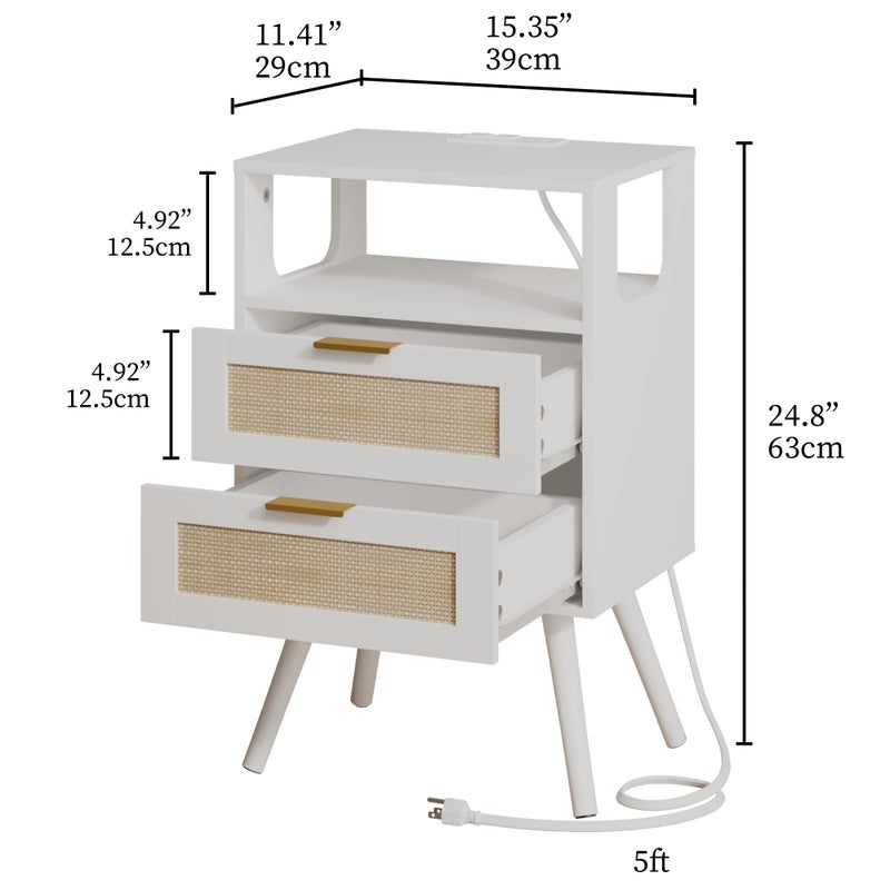 JOONEE Rattan Nightstand with Charging Station,Farmhouse Bedside Table with 2 Storage Drawer and Open Wood Shelf, for Bedroom and Small Spaces,Night Stand with Solid Wood Legs (White-Outlet) - Image 2