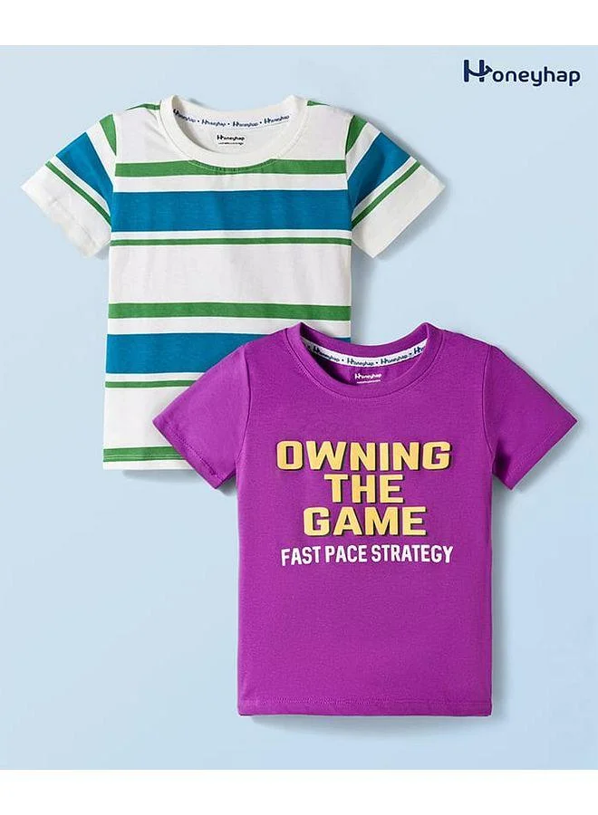 Honeyhap Honeyhap Premium 100% Cotton Knit With Bio Finish T-Shirts With Text Print, Pack of 2 - Purple & White