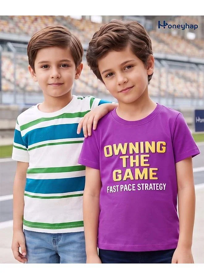 Honeyhap Honeyhap Premium 100% Cotton Knit With Bio Finish T-Shirts With Text Print, Pack of 2 - Purple & White