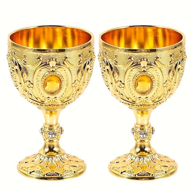 2 Vintage Embossed Metal Wine Glasses with Gemstone Accents, Elegant Gift for Weddings, Halloween, Thanksgiving & Christmas