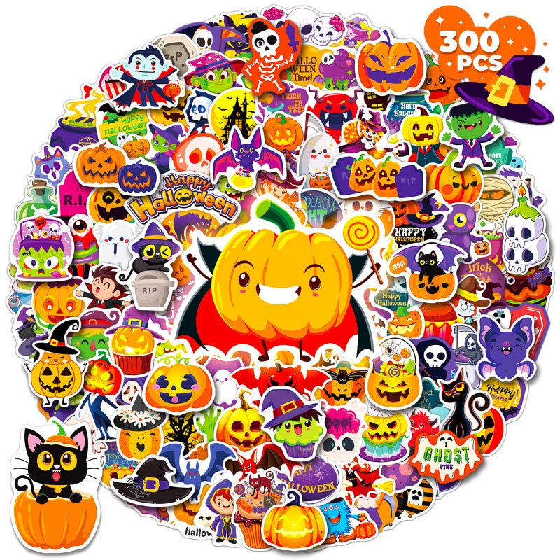 WAKEMOODEI 300PCS Halloween Stickers for Kids Cute Halloween Pumpkin Stickers Bulk for Water Bottles Vinyl Holiday Sticker for Teens Party Favors Gifts - Image 2