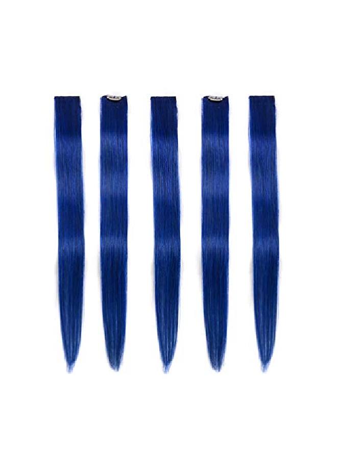 Winsky Blue Clip In Hair Extensions 100% Real Human Hair Straight Highlights Colored Clip On Hairpieces 5 Pieces/Set (18Inch Blue) - Image 1