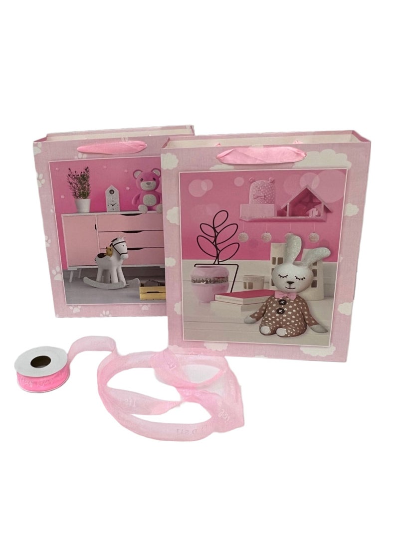 Boxwoods 2 Gift Bags With Pink Its A Girl Ribbon Roll For New Born Girl, Gender Reveal And Baby Shower - Image 3