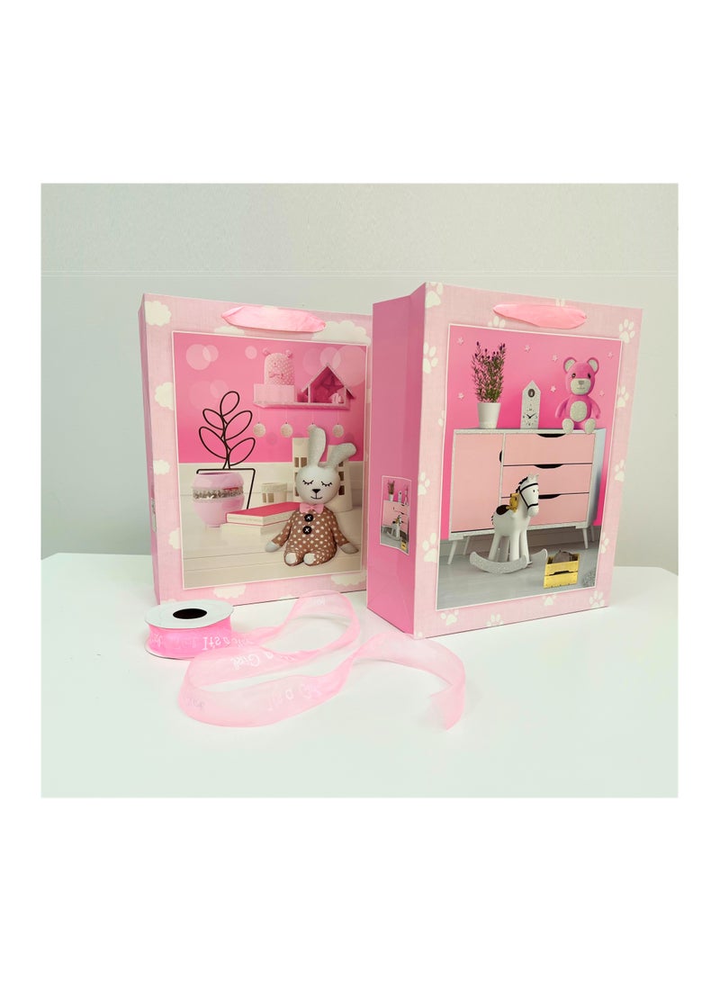 Boxwoods 2 Gift Bags With Pink Its A Girl Ribbon Roll For New Born Girl, Gender Reveal And Baby Shower - Image 1