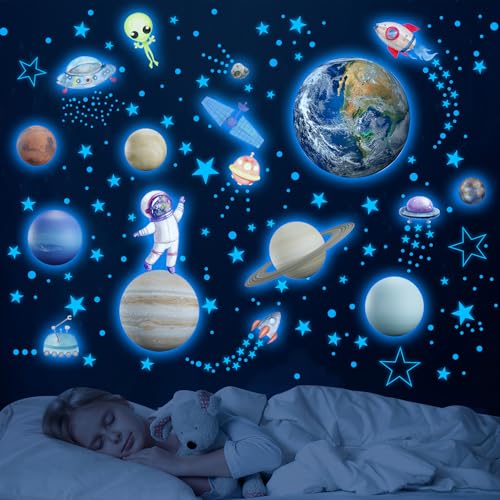 Robmoda Glow in The Dark Stars Solar System Wall Decals, Star and Planets Stickers for Ceiling, Kids Wall Sticker Space Room Decor (Blue) - Image 1