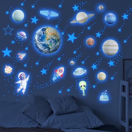 Robmoda Glow in The Dark Stars Solar System Wall Decals, Star and Planets Stickers for Ceiling, Kids Wall Sticker Space Room Decor (Blue) - Image 2
