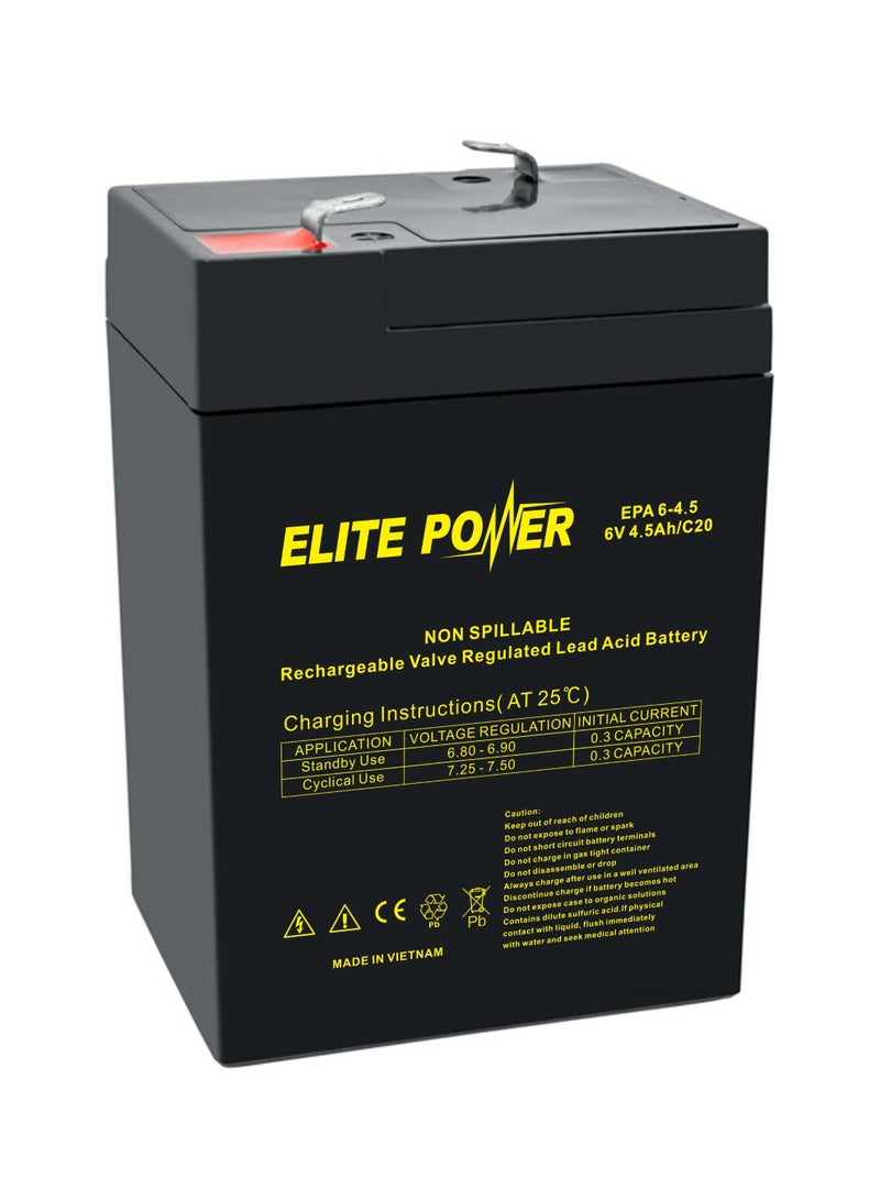 Elite Power 6V 4.5Ah Rechargeable Sealed Lead Acid Battery – VRLA, Non-Spillable