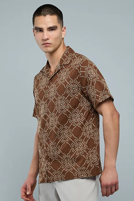 R&B Patterned Shirt with Revere Collar and Short Sleeves
