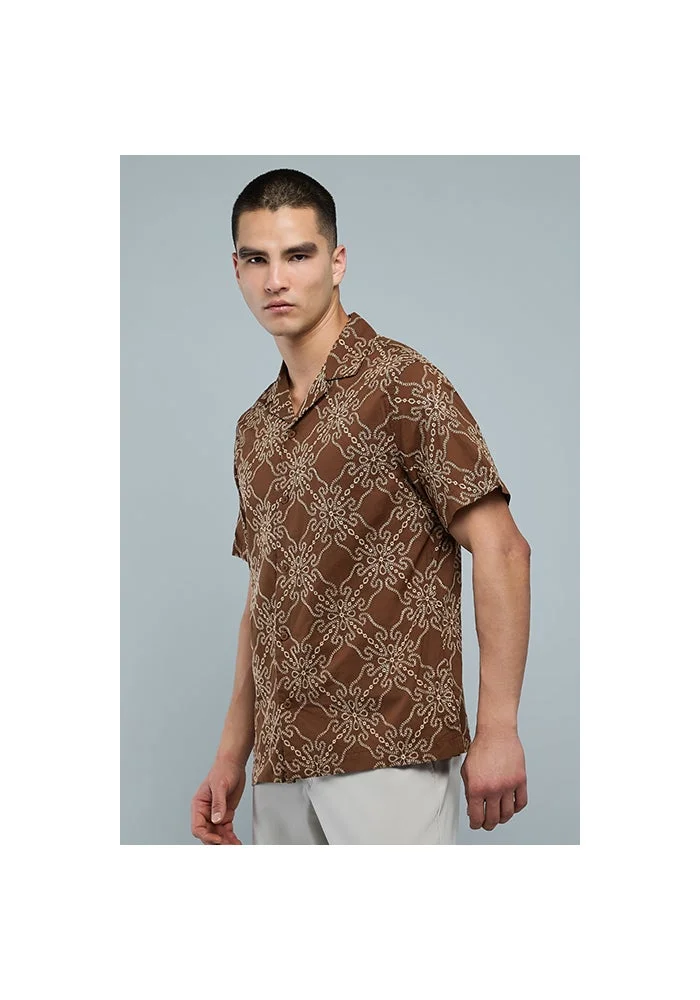 R&b Patterned Shirt with Revere Collar and Short Sleeves