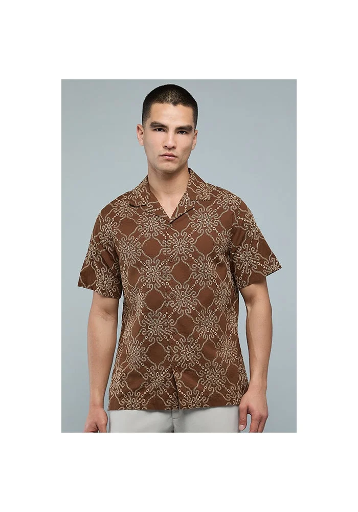 R&b Patterned Shirt with Revere Collar and Short Sleeves
