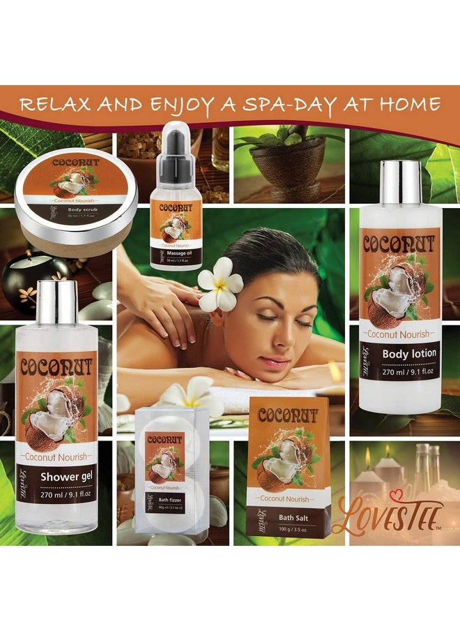 Lovestee Relaxing Spa Gift Baskets For Women- Bath and Body Gift Set for mom Coconut Spa Kit includes Bath Bombs, Message Oil, Body Scrub, Bath Salt, Body Lotion, Shower Gel and Scrub Brush  - Image 2