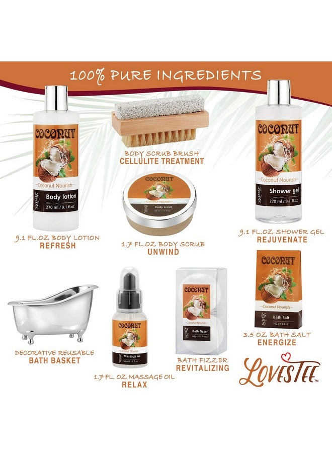 Lovestee Relaxing Spa Gift Baskets For Women- Bath and Body Gift Set for mom Coconut Spa Kit includes Bath Bombs, Message Oil, Body Scrub, Bath Salt, Body Lotion, Shower Gel and Scrub Brush  - Image 5
