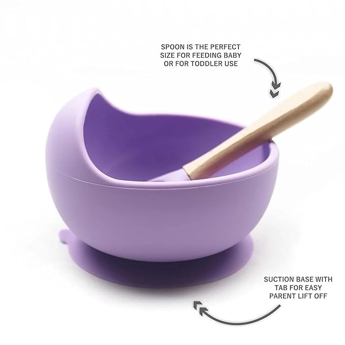 NOWFLY 2 Piece Microwave Friendly Silicone Baby Feeding Set - Bowl - Spoon - Make Mealtime Fun and Easy for Your Little One - Portable and Diaper Bag Friendly - Baby Feeding Product (Lavender) - Image 2