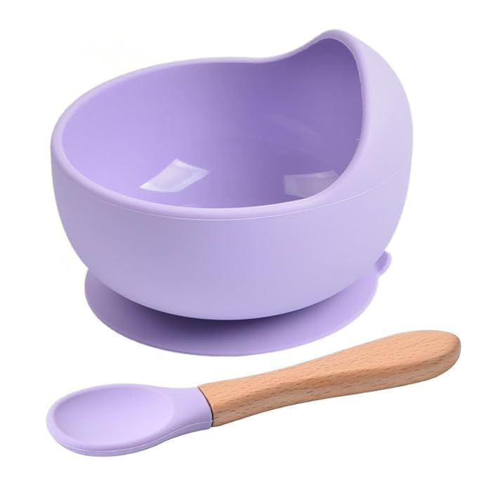 NOWFLY 2 Piece Microwave Friendly Silicone Baby Feeding Set - Bowl - Spoon - Make Mealtime Fun and Easy for Your Little One - Portable and Diaper Bag Friendly - Baby Feeding Product (Lavender) - Image 1