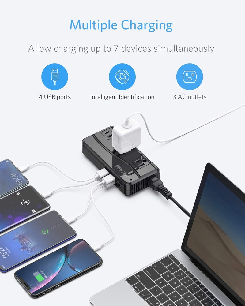 BESTEK محول الطاقة BESTEK 250 واط 3 مآخذ و 4 منافذ USB للسفر محول جهد 220 فولت إلى 110 فولت مع محولات قابس السفر من نوع G/D/M/AU/US - Image 4
