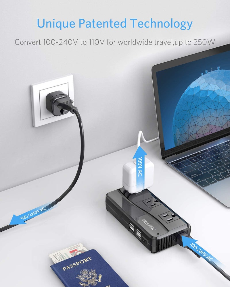 BESTEK محول الطاقة BESTEK 250 واط 3 مآخذ و 4 منافذ USB للسفر محول جهد 220 فولت إلى 110 فولت مع محولات قابس السفر من نوع G/D/M/AU/US - Image 3