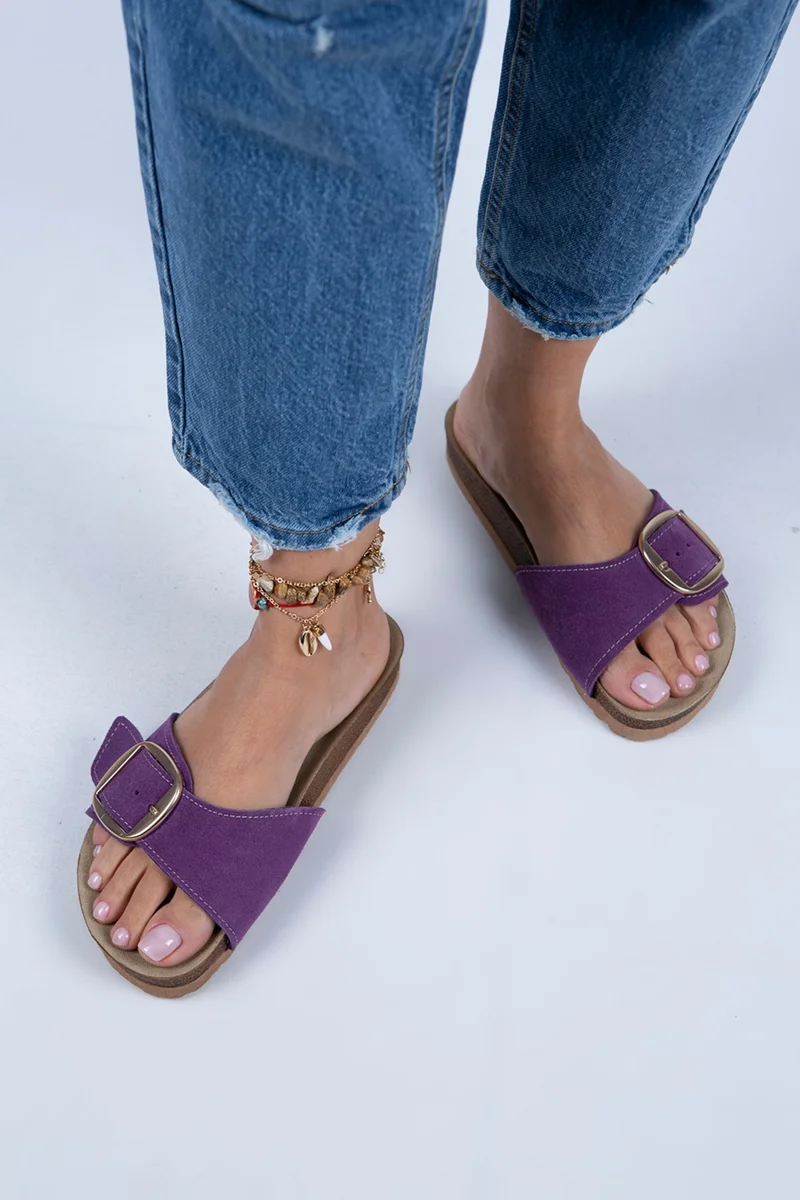 Manijero Manijero Jade Women's Genuine Leather Single Buckle Purple Suede - Gold Slippers