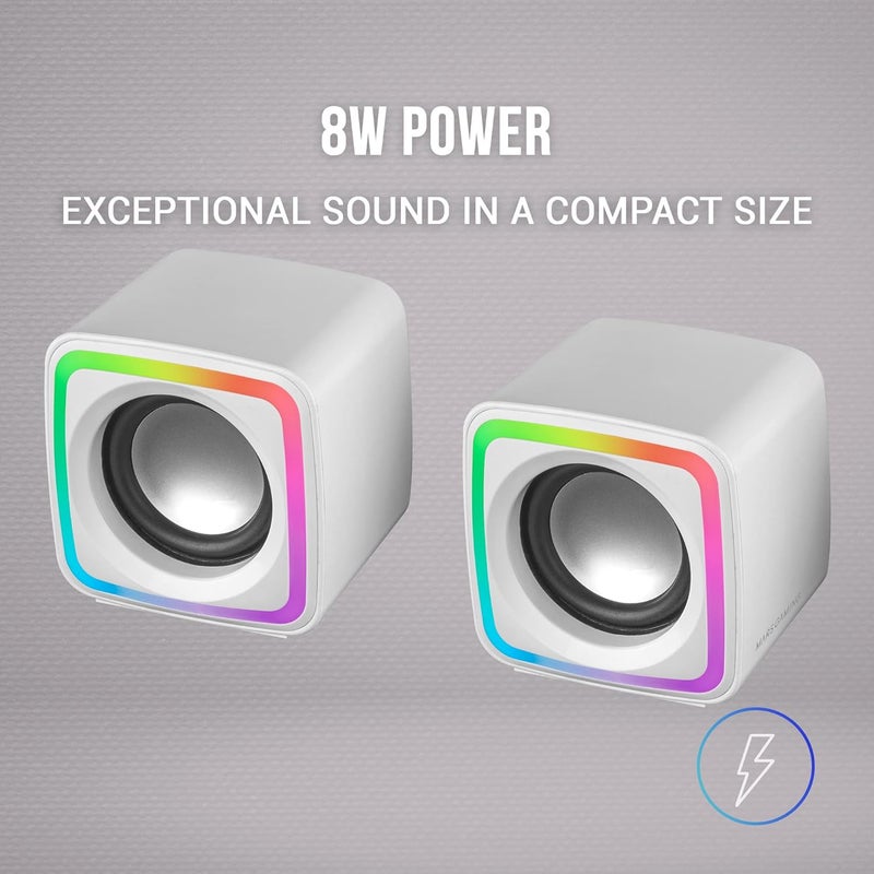 MARS GAMING MSCUBEW White, Compact RGB Gaming Speakers, 8W DSP Sound Processor, Volume Control - Image 2