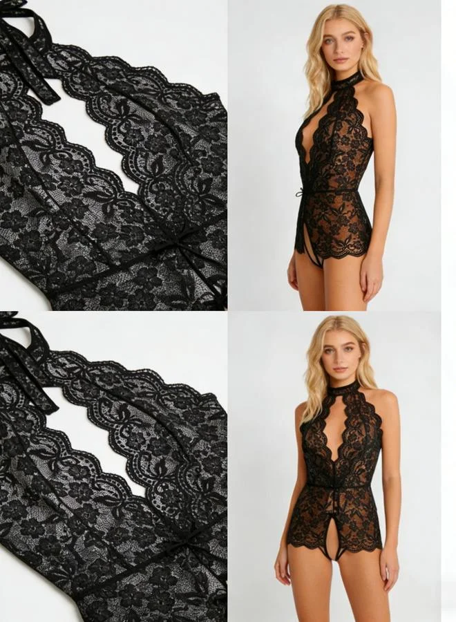 تايك تو Black Floral Lace Halter Neck Bodysuit