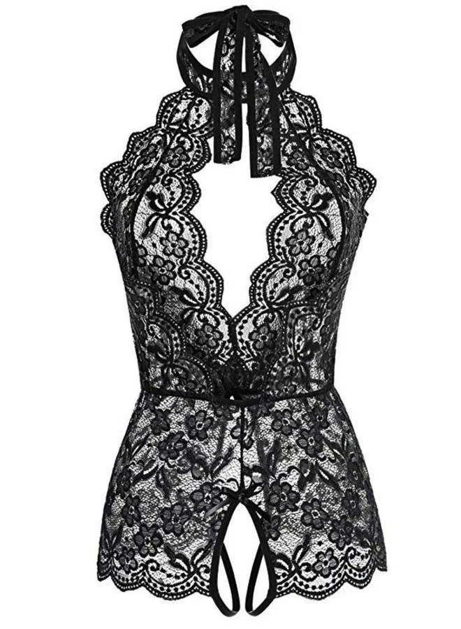تايك تو Black Floral Lace Halter Neck Bodysuit