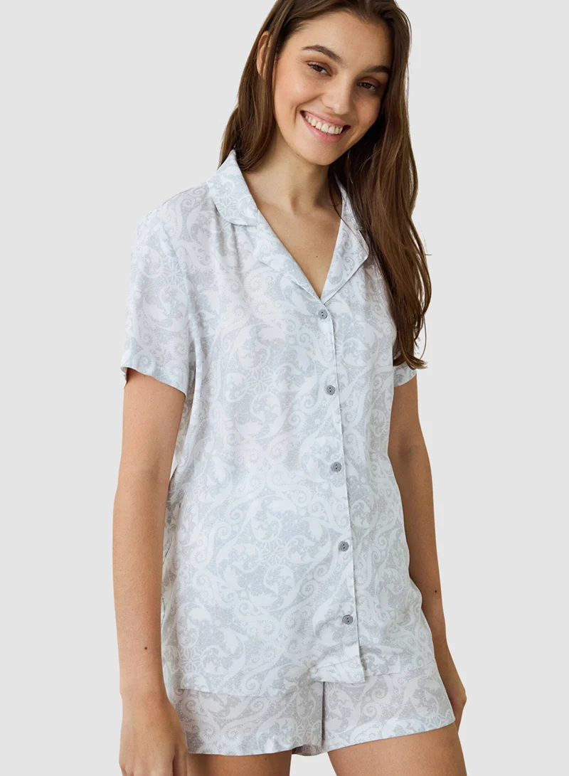Penti Light Gray Roses Shirt Collar Short Sleeve Shorts Pyjamas Set