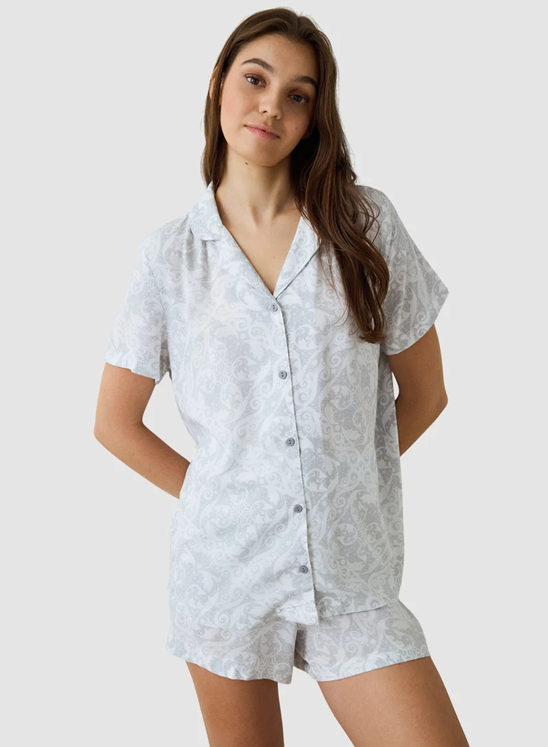 Penti Light Gray Roses Shirt Collar Short Sleeve Shorts Pyjamas Set