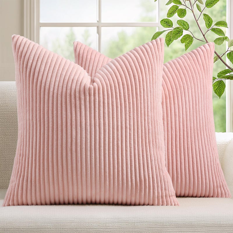 Mecatny Corduroy Decorative Throw Pillow Covers 20x20 Set of 2 for Sofa Living Room, Soft Neutral Boho Couch Pillow Covers for Home Decor, Pink - Image 1