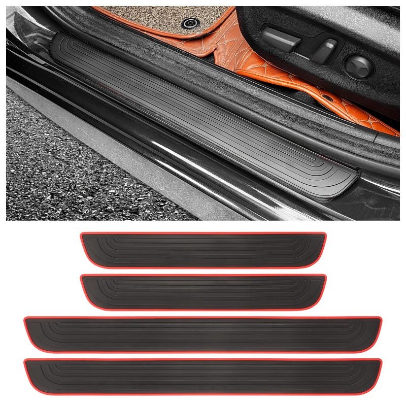 Door Sill Protectors: 2 Long + 2 Short Black Red PVC Strips, Tool-Free Installation, Waterproof & Scratch-Resistant, Universal Fit Car Sill Guards for Cars, Trucks, SUVs, Vans - Image 1