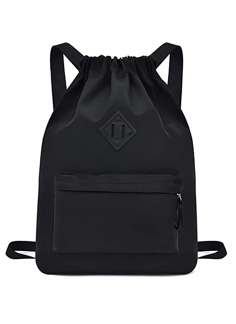 Y&D - Drawstring Backpack Sports Gym Bag, Nylon Draw Large Size with Zipper and Front Rear Pocket, Water Resistant String Sackpack for School Swimming Travel Kids Boys Girls Women Men - Image 1